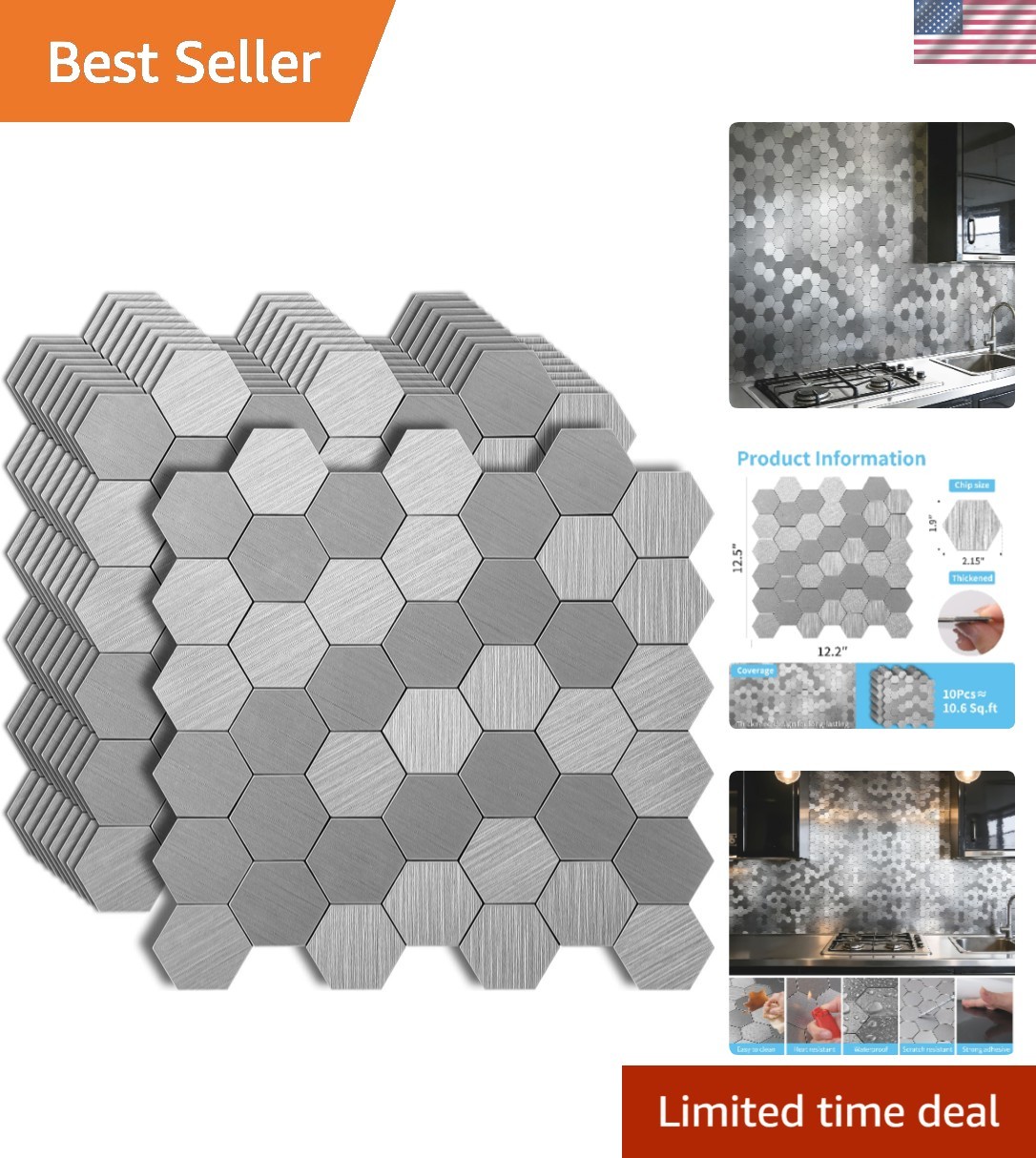 10-Pack Self-Adhesive Metal Backsplash Peel and Stick Tile for Kitchen, 12″ x…