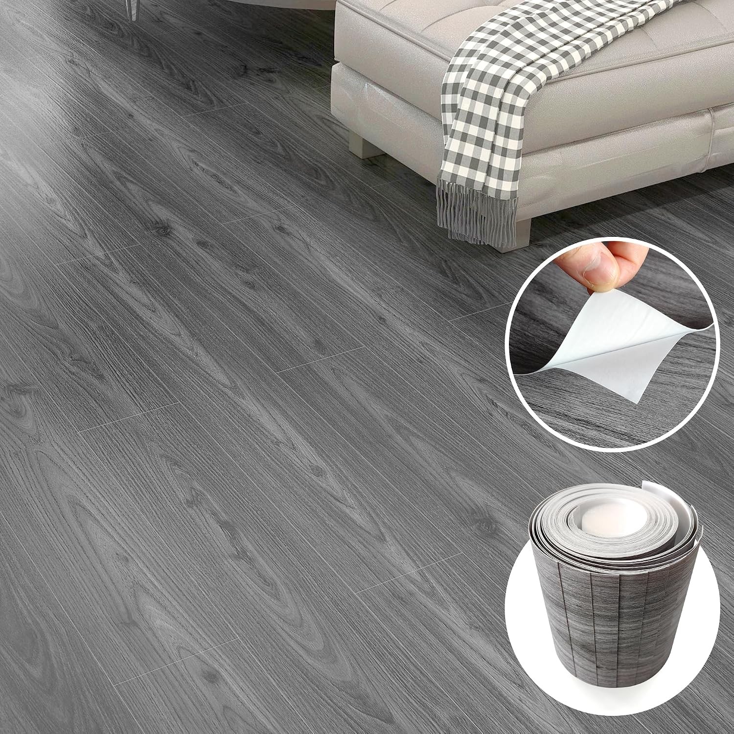 6 Sq.Ft,Wood Peel and Stick Floor Tiles,4 Pack Grey Vinyl Flooring Roll,36″×6″