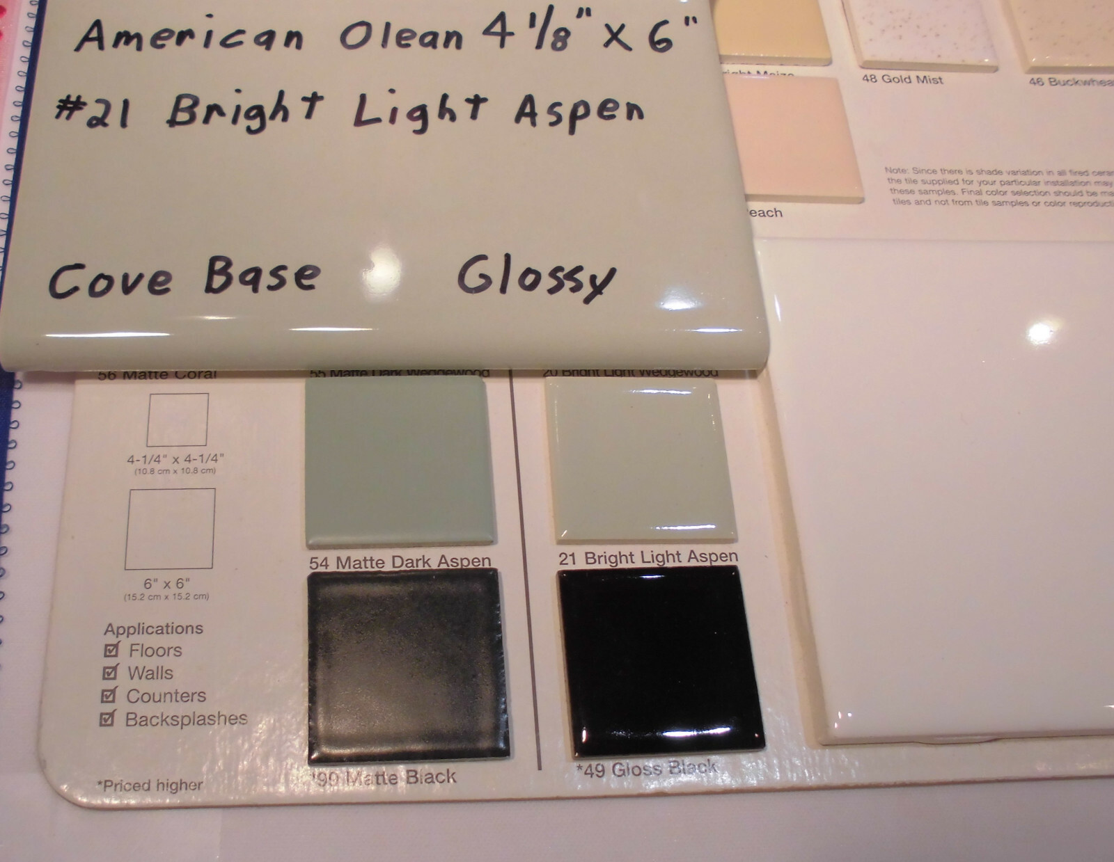 1 pc. Bright Light Aspen-Green; base/cove Ceramic Tile; 4-1/8″ X 6″ by A. O. #21