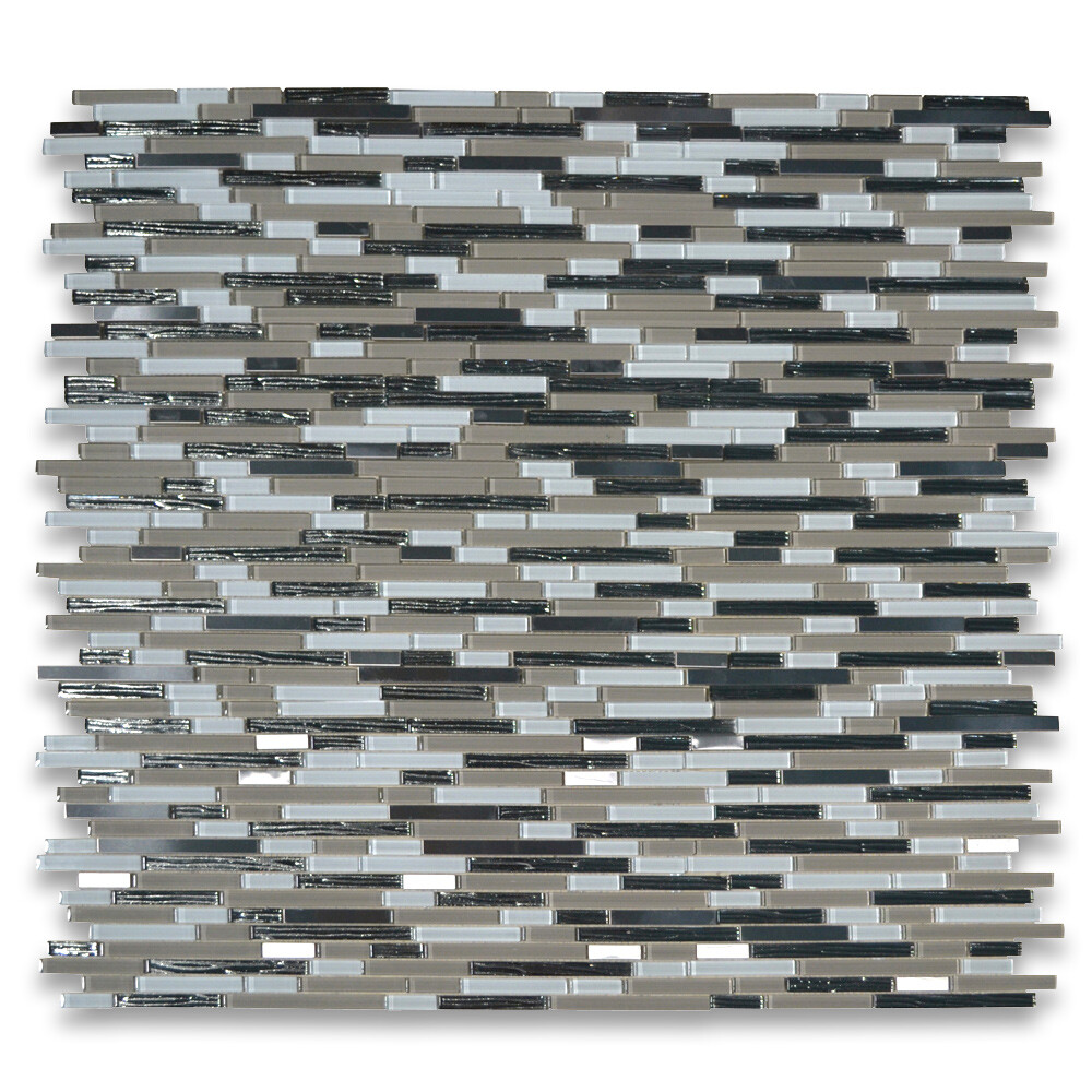 A77007 Glass Mosaic Tile Beige White Glass Electroplate Black Stainless Steel