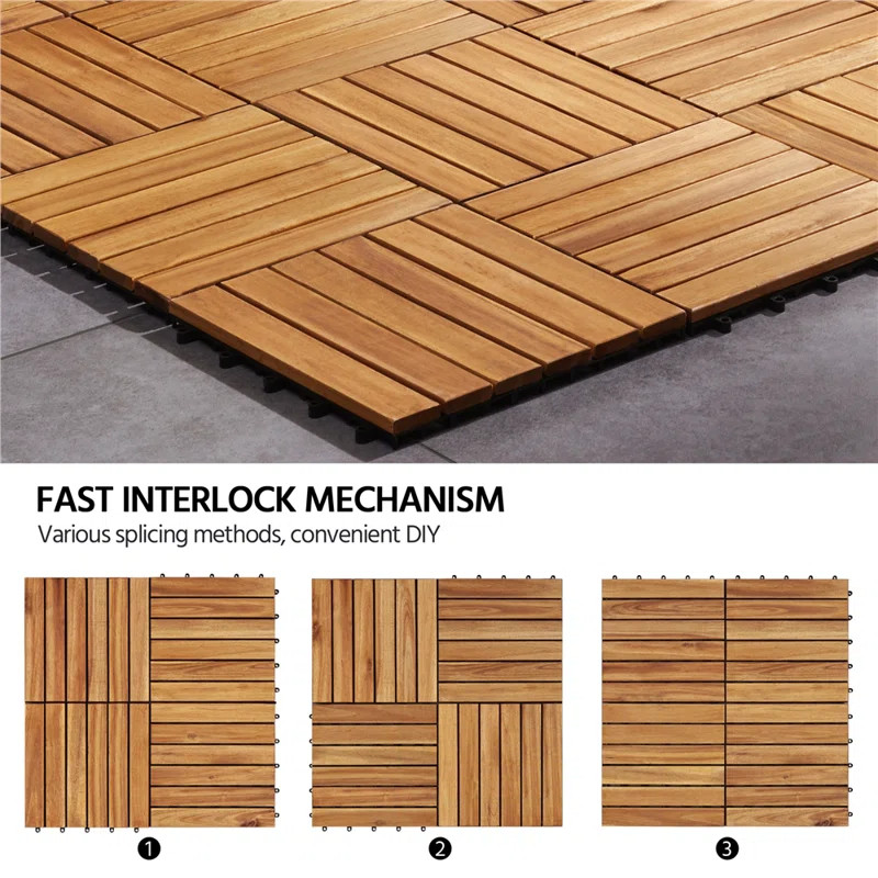 Acacia Wood Interlocking Deck Tiles for Indoor and Outdoor (Set of 27) Snap In