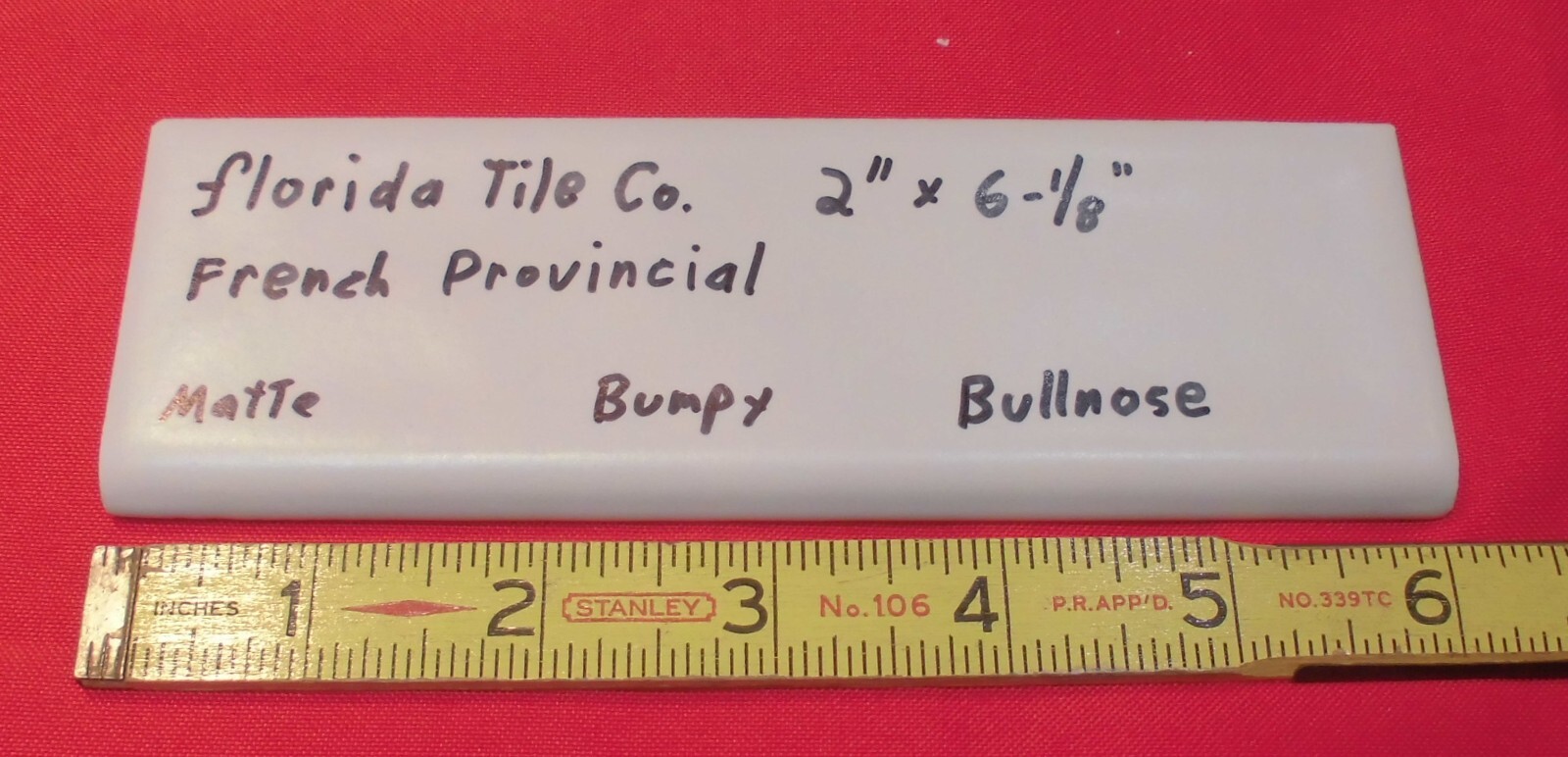 1 pc. French Provincial – very light tan: Bullnose Ceramic Tile by Florida Co.