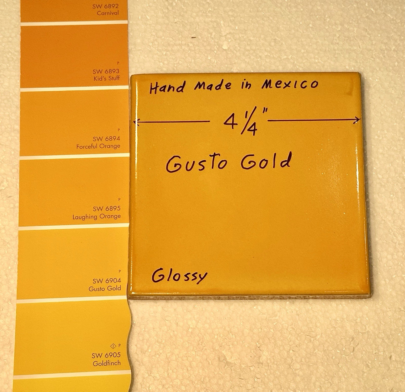 1 pc. Golden-Yellow: 4-1/4″ Hand-Made in Mexico, Glossy Red-Clay Ceramic Tile