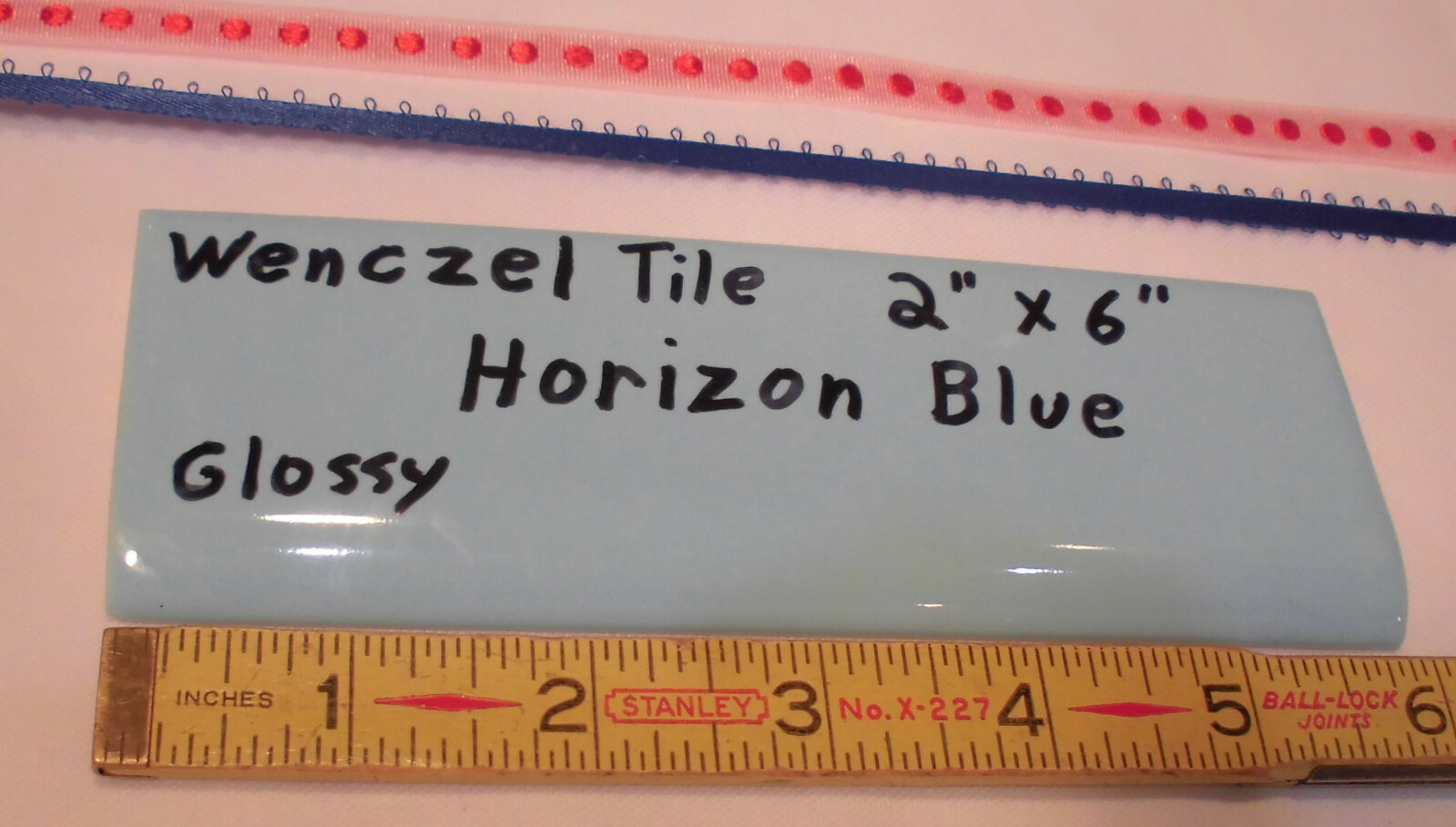 1 pc. Glossy *Horizon Blue* 2” X 6” Bullnose Ceramic Tile by Wenczel Co. NOS