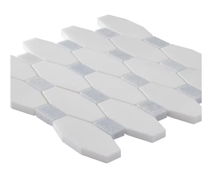 Diapson White Thassos and Blue Celeste 9.75 in. x 10 in. Marble Mosaic Tile