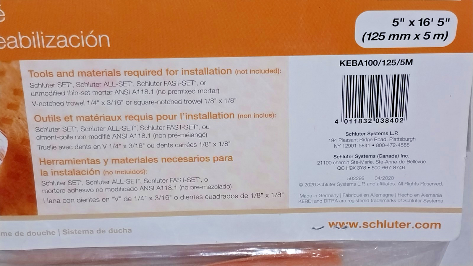 NEW SCHLUTER-KERDI Waterproofing Band 5″ x 16′ 5″ (125 mm x 5M) Schluter System