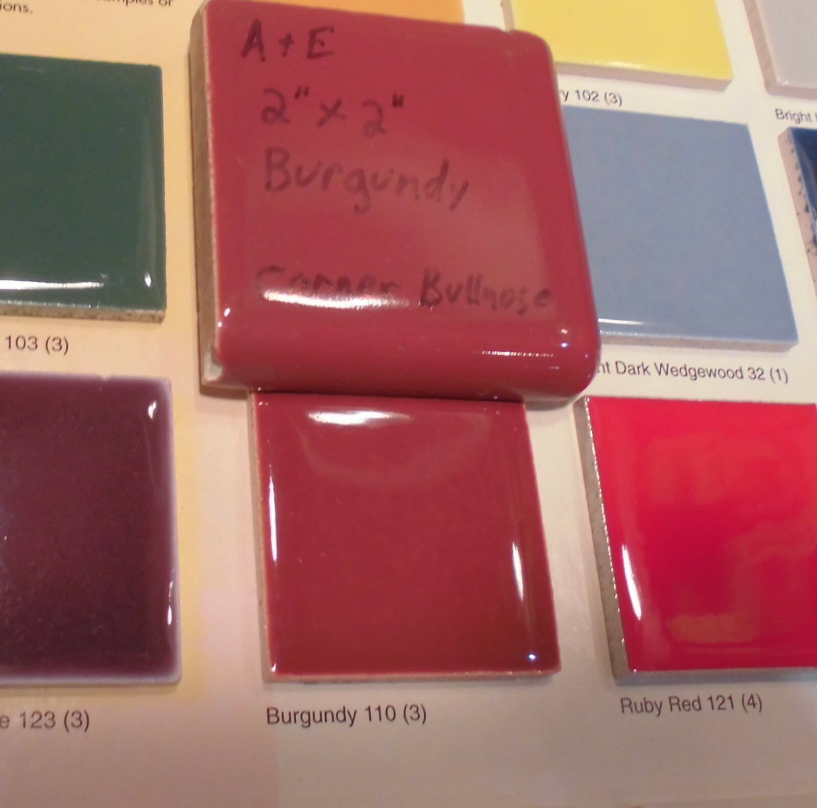 Burgundy 2″ X 2″ X 5/16″ Ceramic Surface Bullnose Corner Tile; made 1940’s
