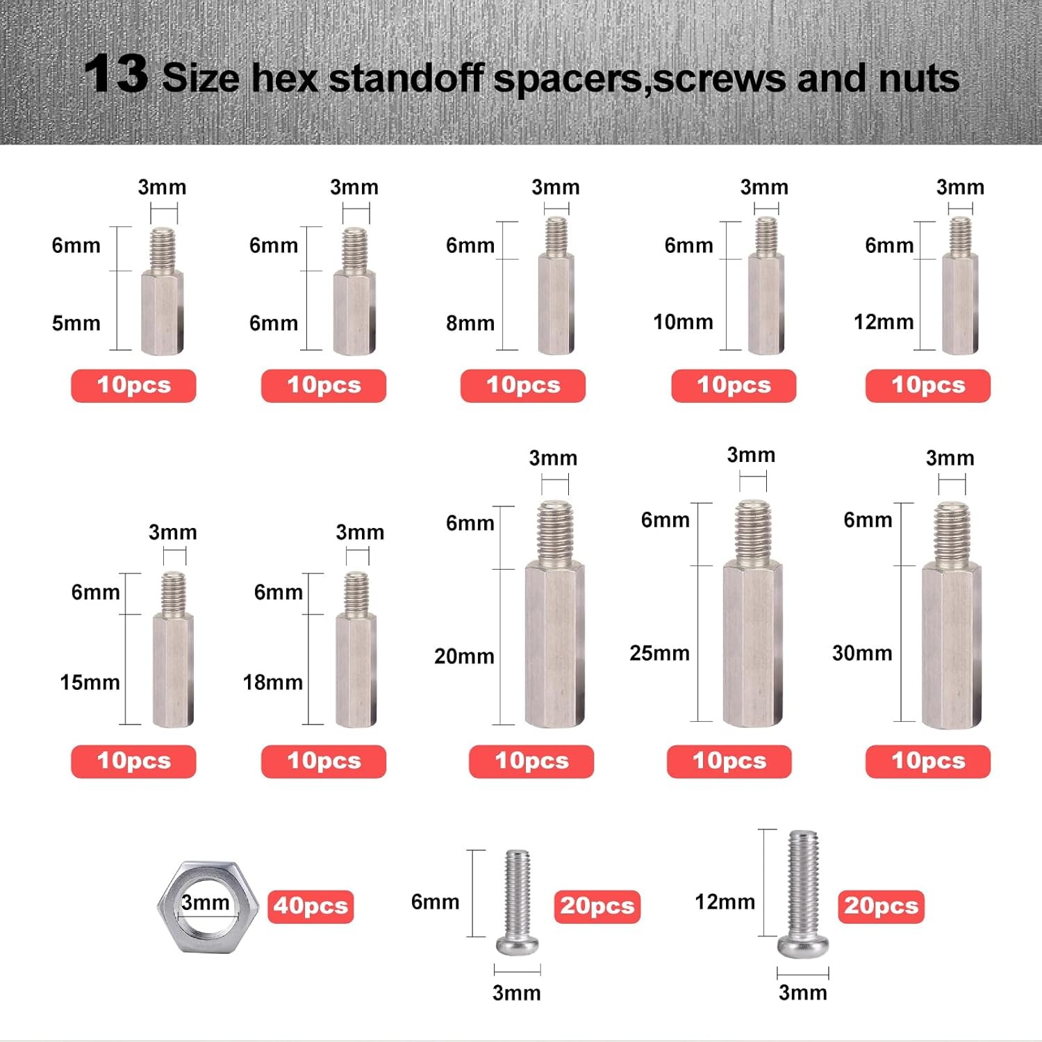 M3 Hex Carbon Steel Standoff,180 Pcs Male Female Female, Silver