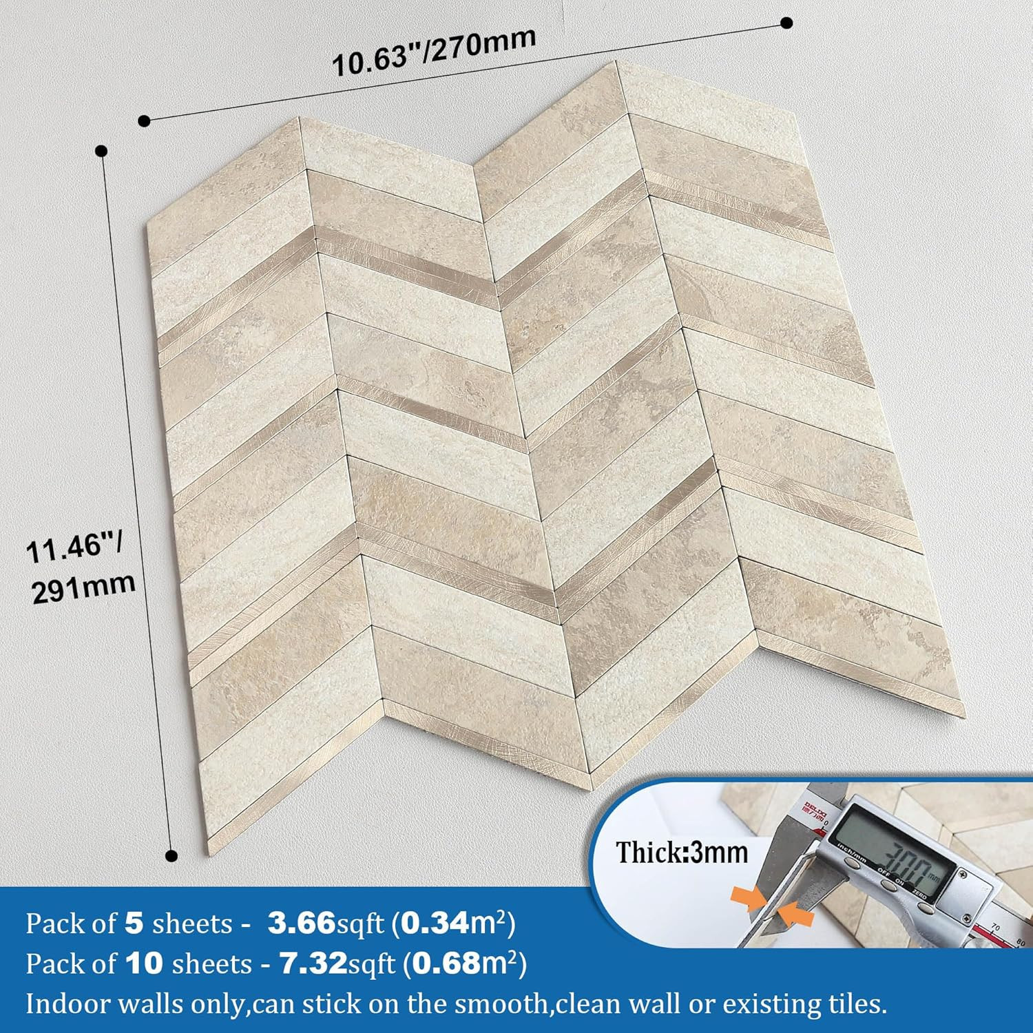 Stone Look Herringbone Peel and Stick Kitchen Backsplash Tiles – Beige, 10 Pcs