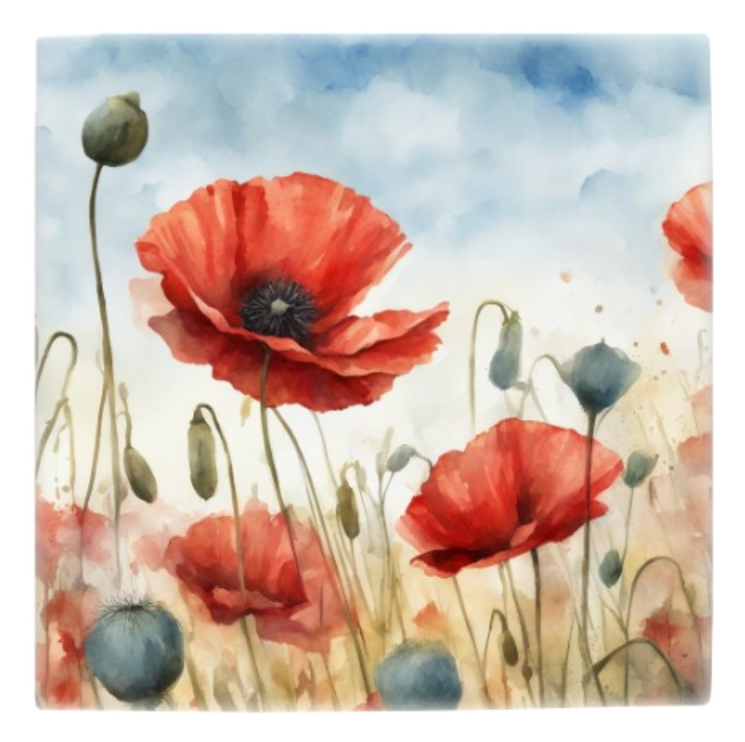 Red Poppies Ceramic Tile Watercolor flowers 3 sizes Printed in US