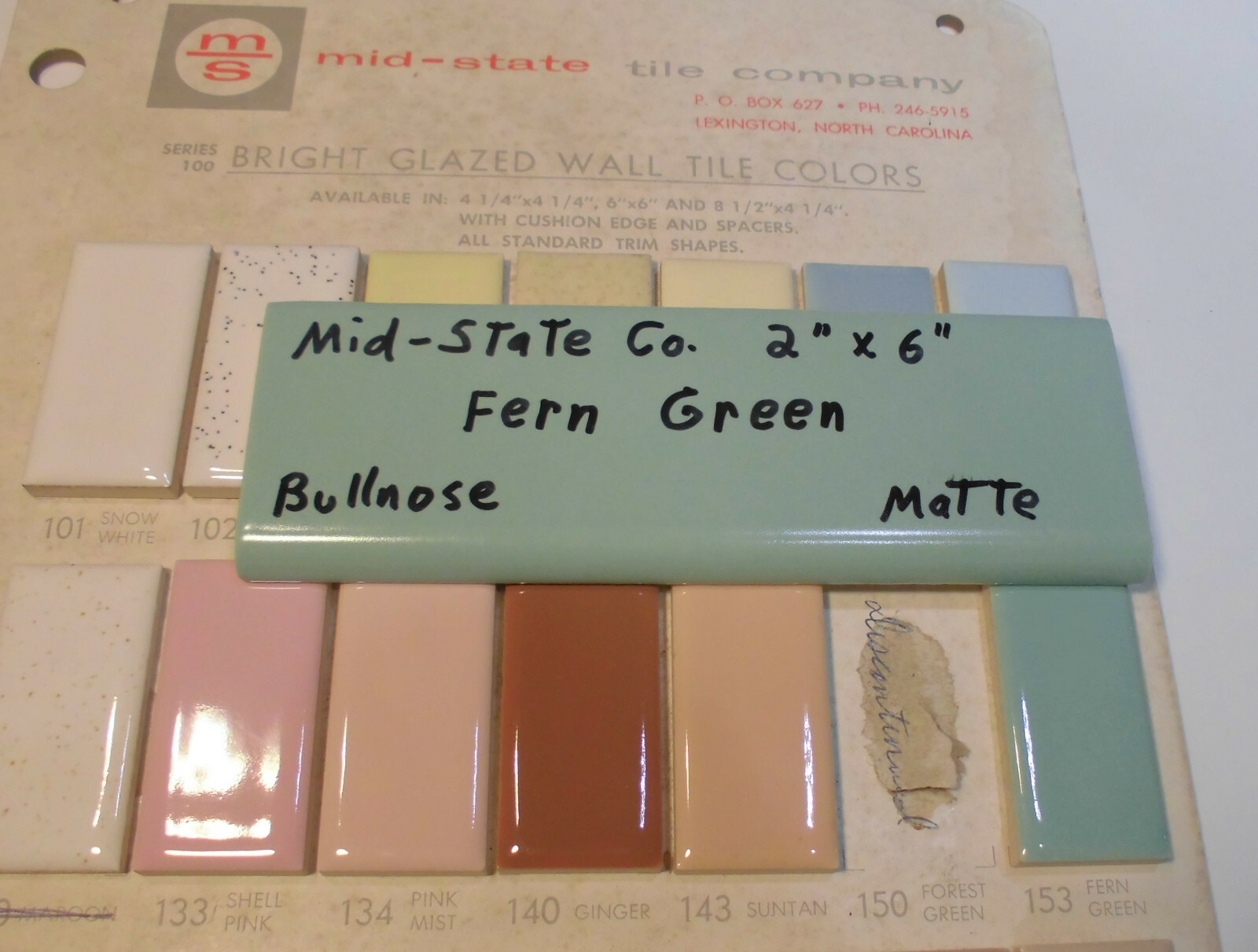 1 pc. Vintage *Fern Green* 2” X 6” Matte Ceramic Bullnose Tile by Mid-State Co.