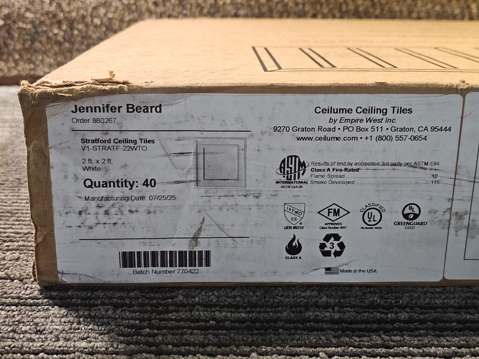 (QTY 40) Ceilume V1-STRATF-22WTO 2-ft x 2-ft Stratford PVC Drop Ceiling Tile