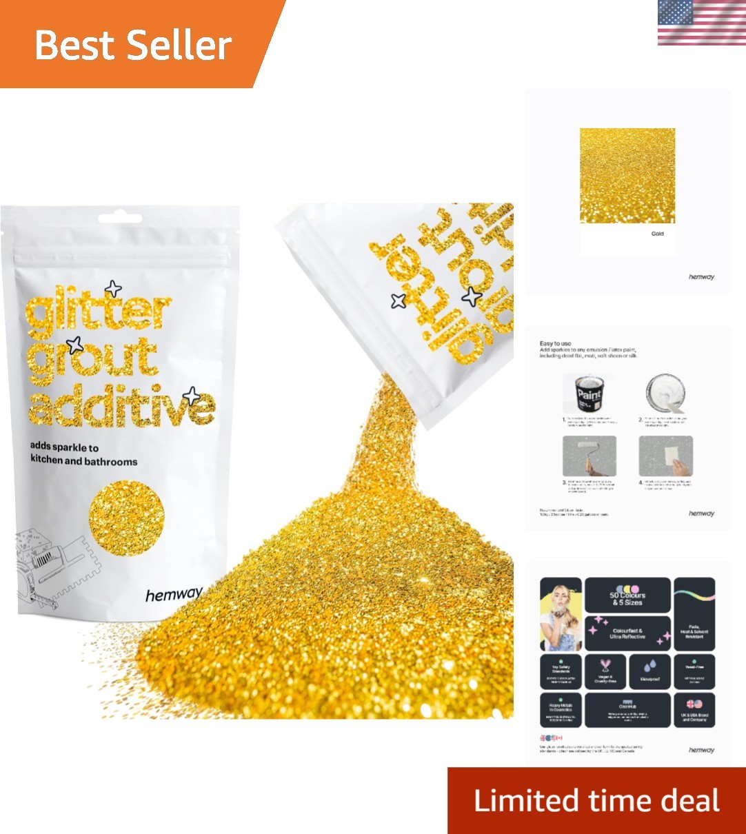 Glitter Grout Additive Gold Sparkle for Tile Grout 100g Enhances Bathroom Kit…