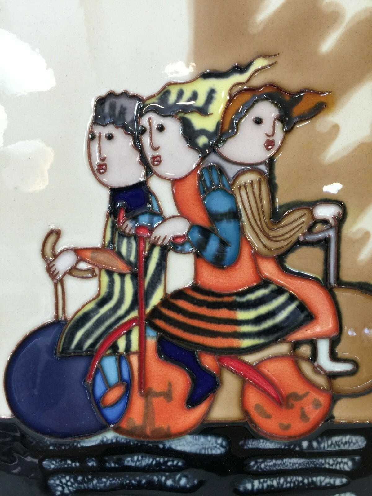 3 Kids Riding Bicycle Handpainting Ceramic Tile Art, Framed, 7 1/2″ x 11 1/2″