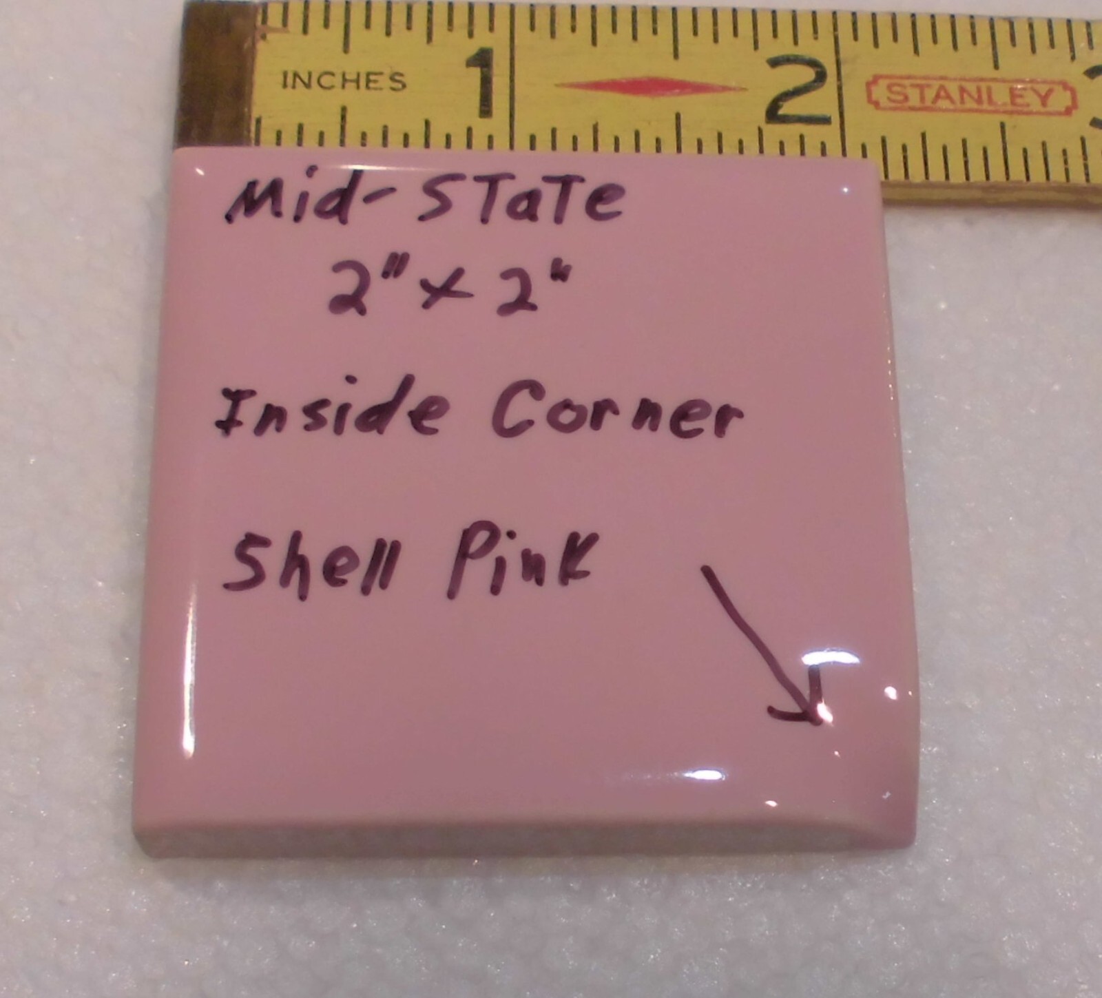 1 pc. Shell Pink: 2″ X 2″ X 5/16″ Ceramic Surface Bullnose Inside Corner Tile