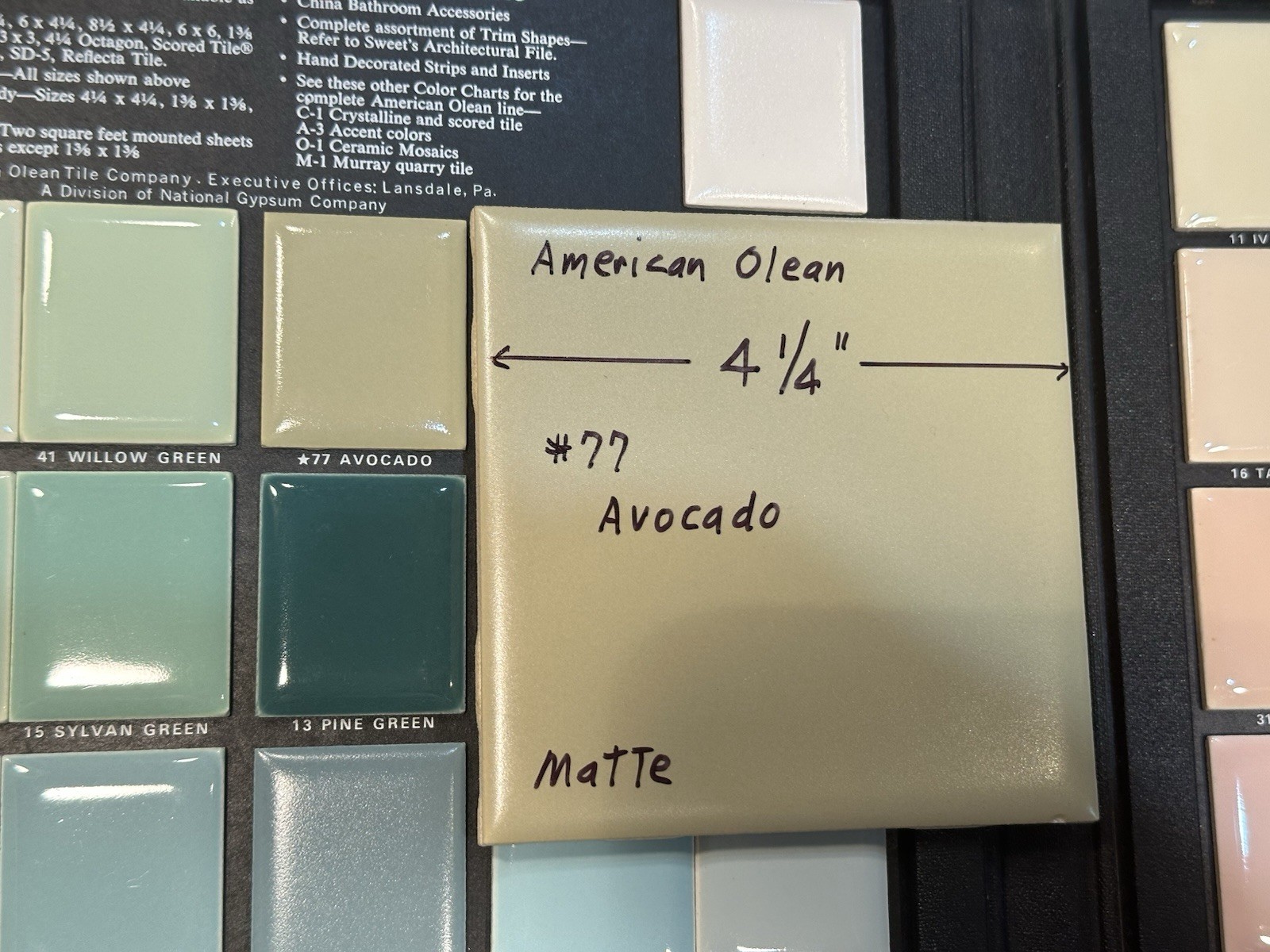 1 pc. Avocado Green: 4-1/4″ Matte Ceramic Tile #77 by American Olean Co. New