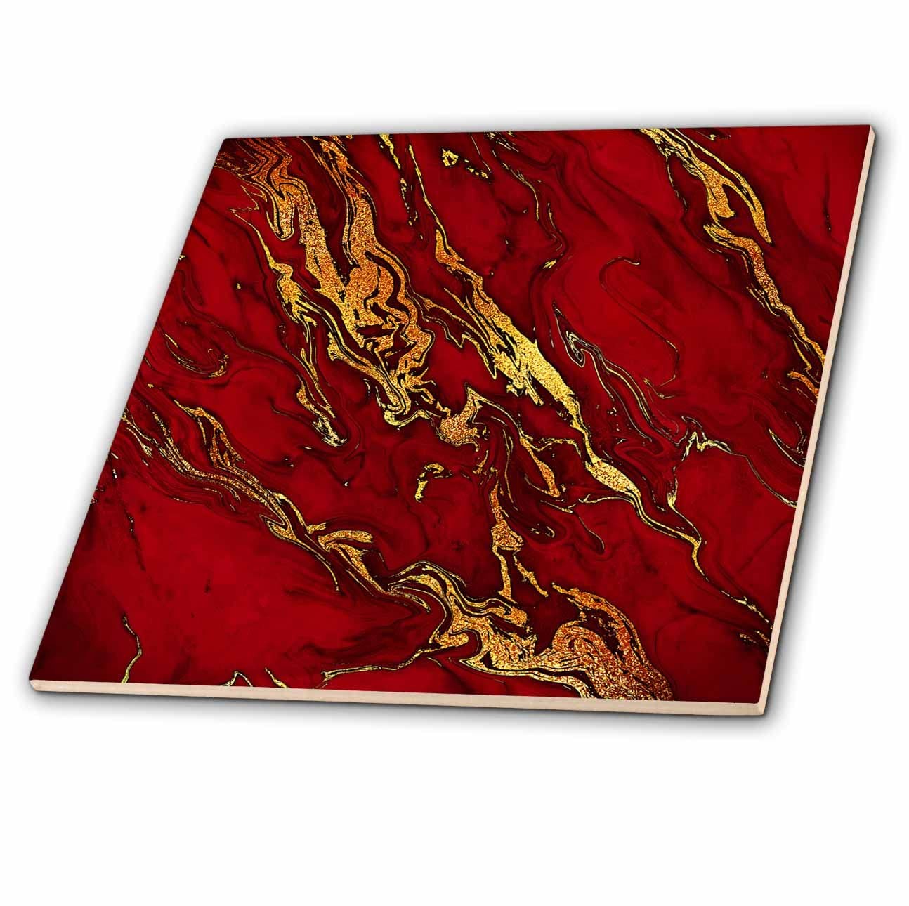 3dRose Luxury Red Gold Gem Stone Marble Glitter Metallic Faux Print – Tiles