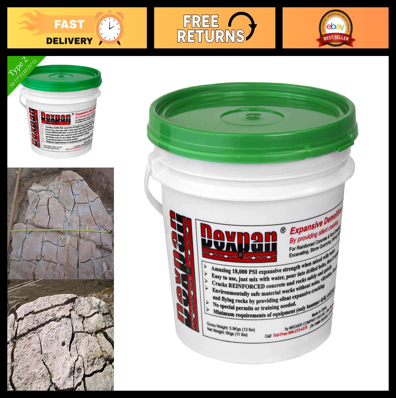 Heavy-Duty Demolition Grout 11 lb Bucket for Rock Breaking & Concrete Cutting