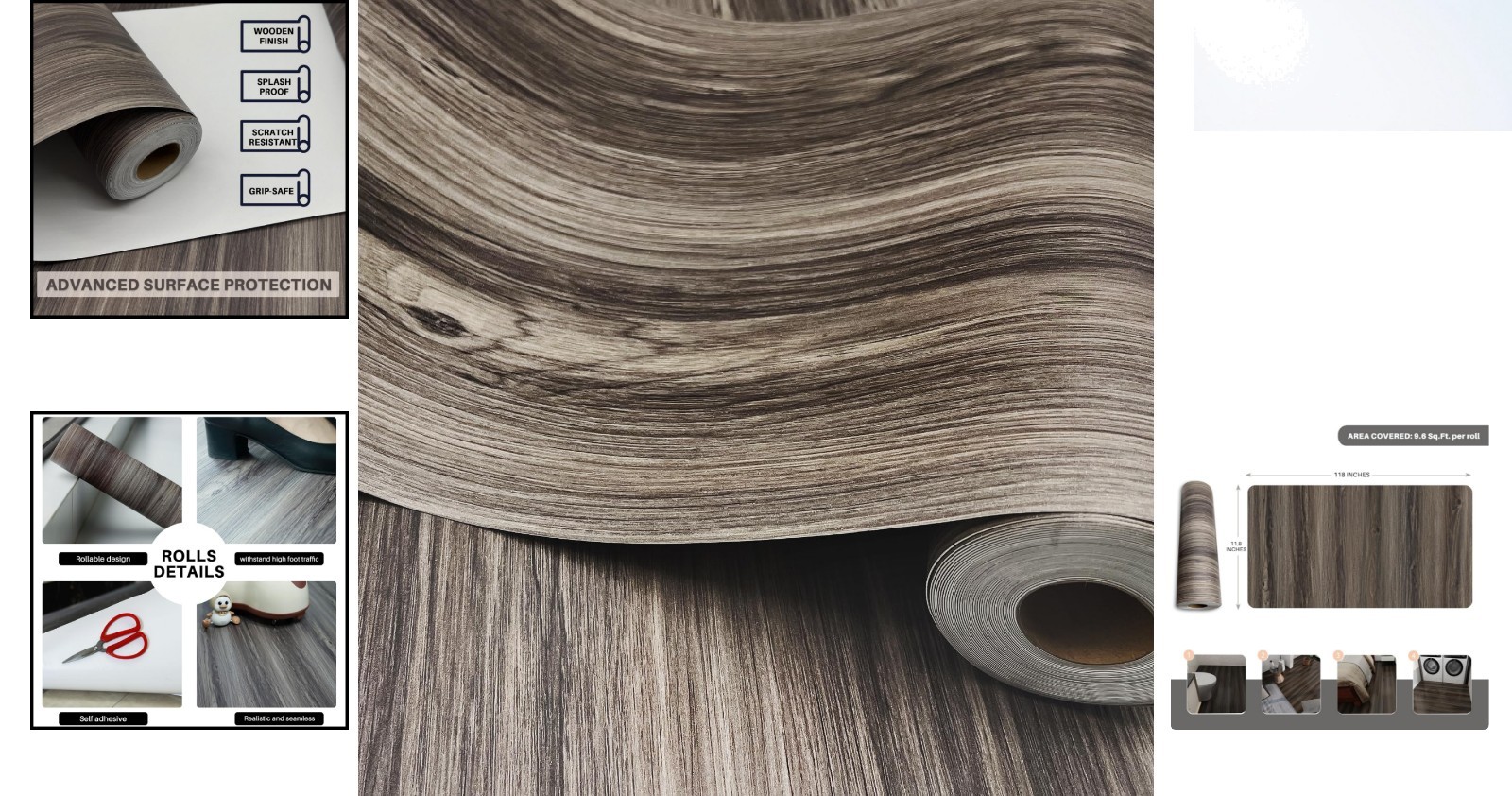 Versatile Wood Grain Peel & Stick Flooring – Durable 11.8” x 9.83 Feet Roll