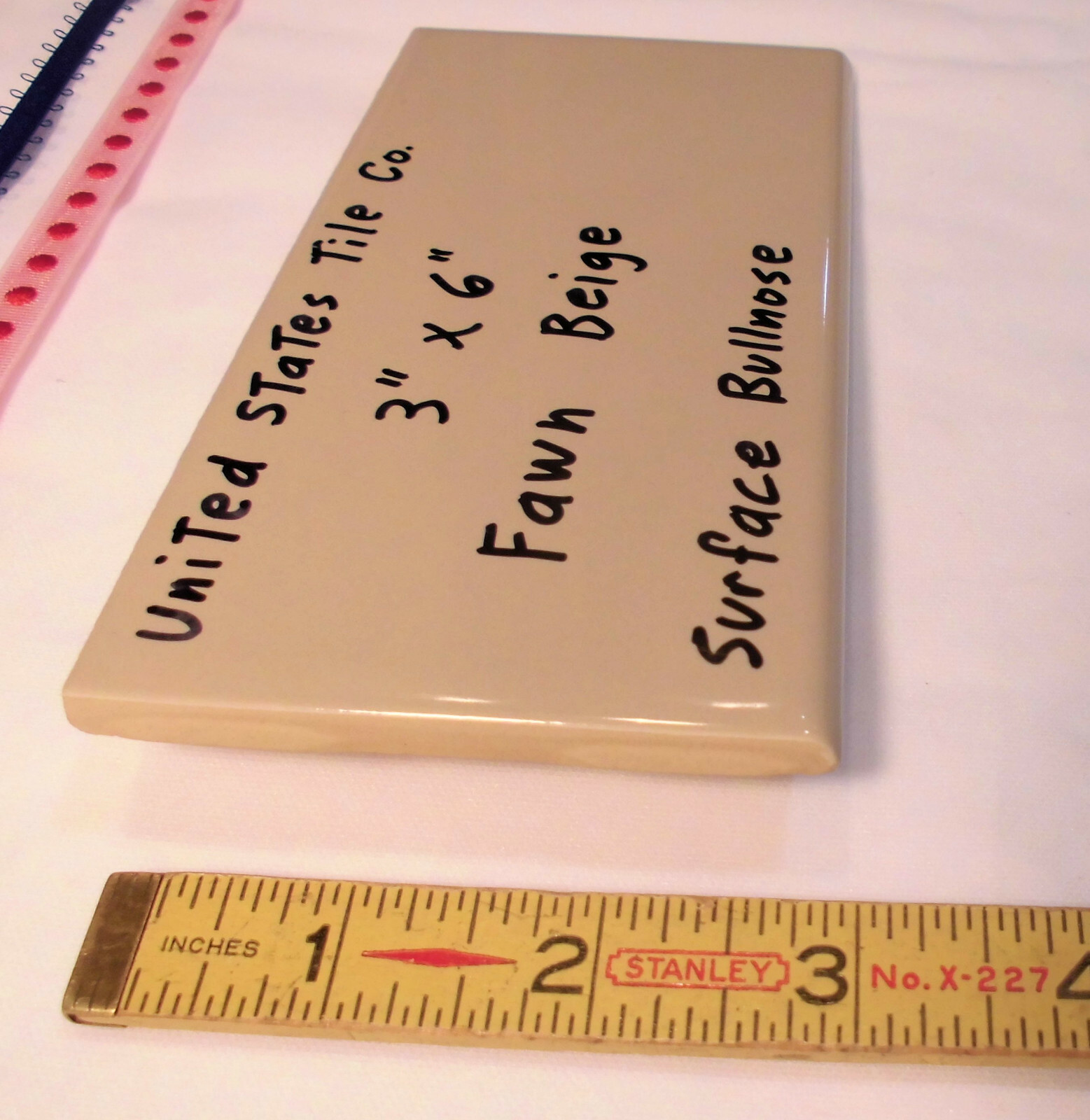 1 pc. Fawn Beige: 3″ X 6″ Glossy Bullnose Ceramic Tile: New Stock, Made USA