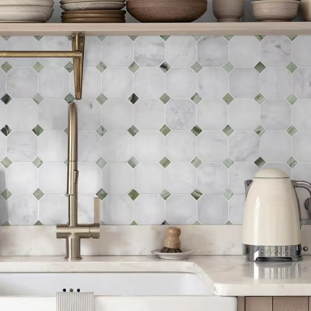 Octagon Carrara White and Green 11.5 In. X 11.5 In. Honed Natural Marble Floor a