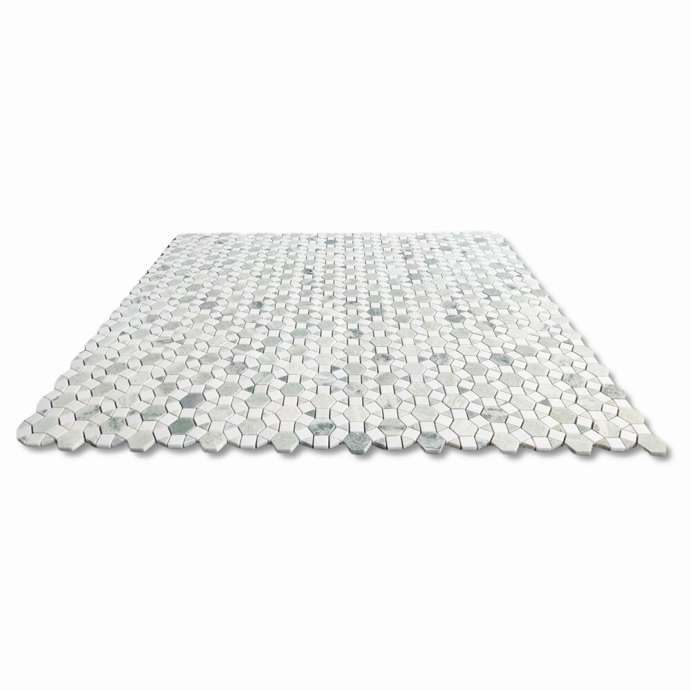 T392XH Thassos White Marble Hexagon Sunflower Ming Green Mosaic Tile Honed