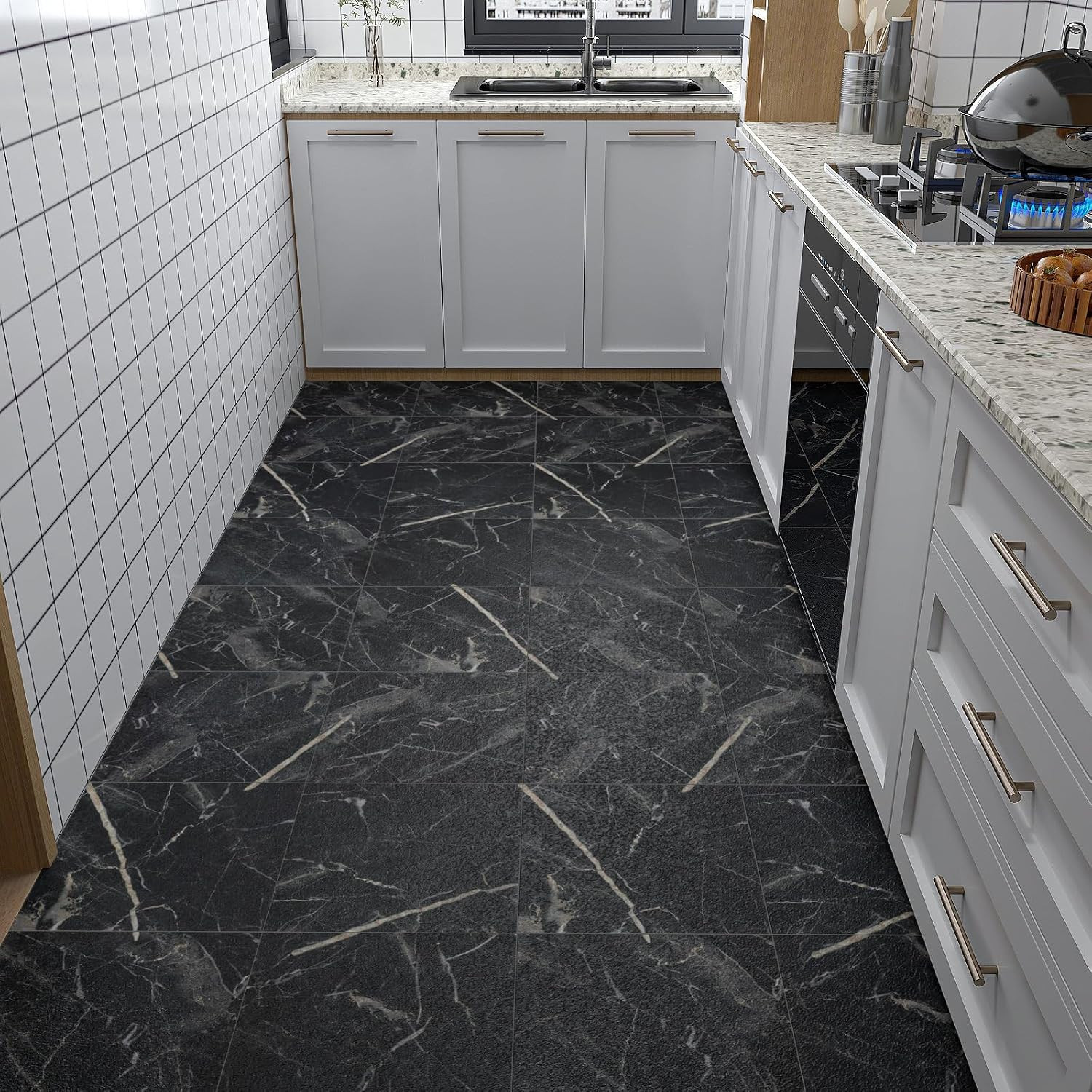 18 Pack Black Marble Peel and Stick Vinyl Floor Tiles 12″x12″ Waterproof