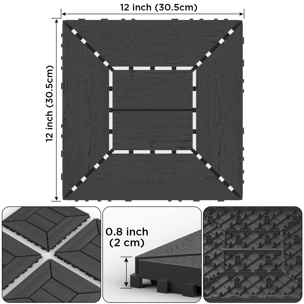 12 Inch Interlocking Deck Tiles Dark Gray Polypropylene DIY Floor Tiles