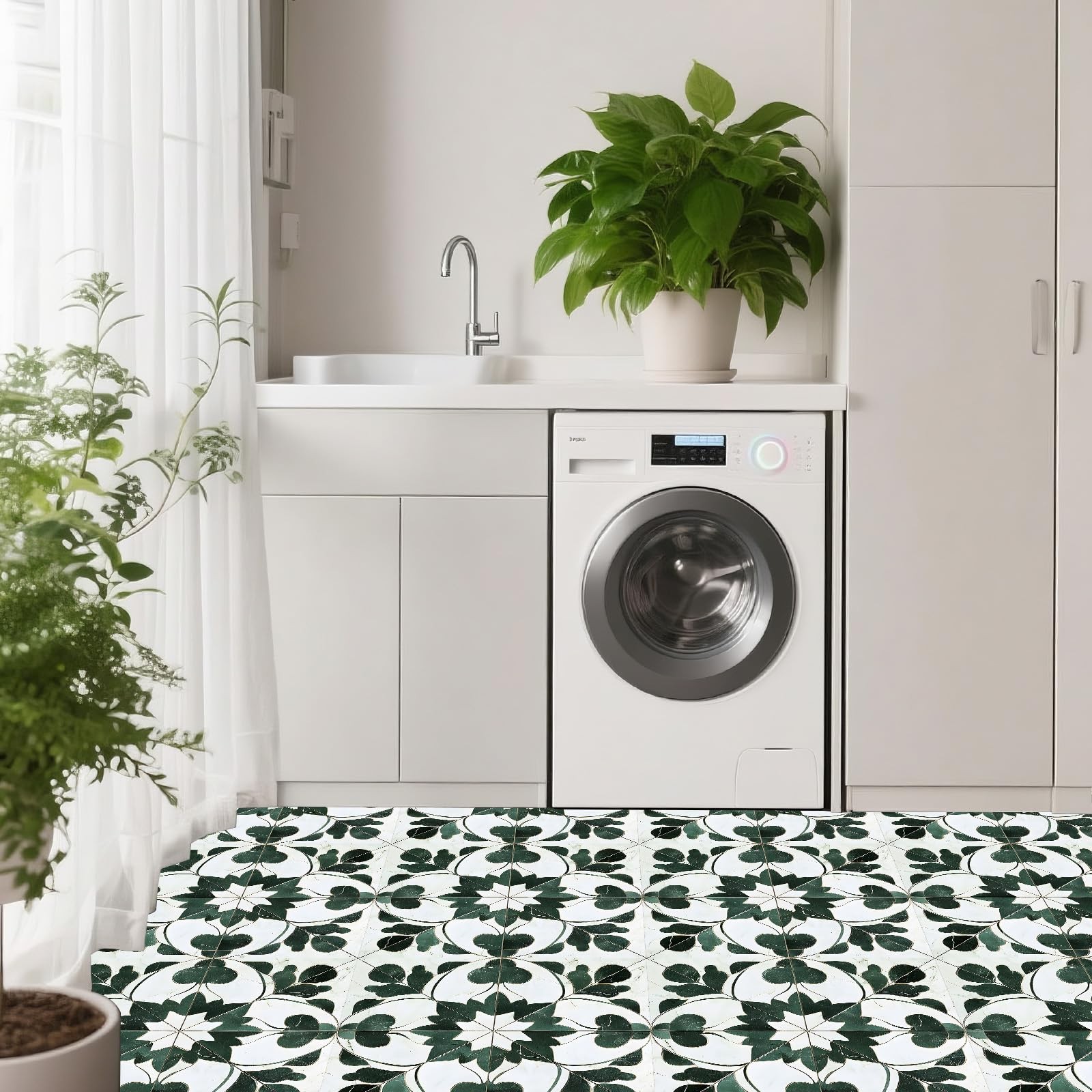 Peel and Stick Vinyl Floor Tiles, 11.8″x11.8″ Green Leaf Geometric Pattern, 1…