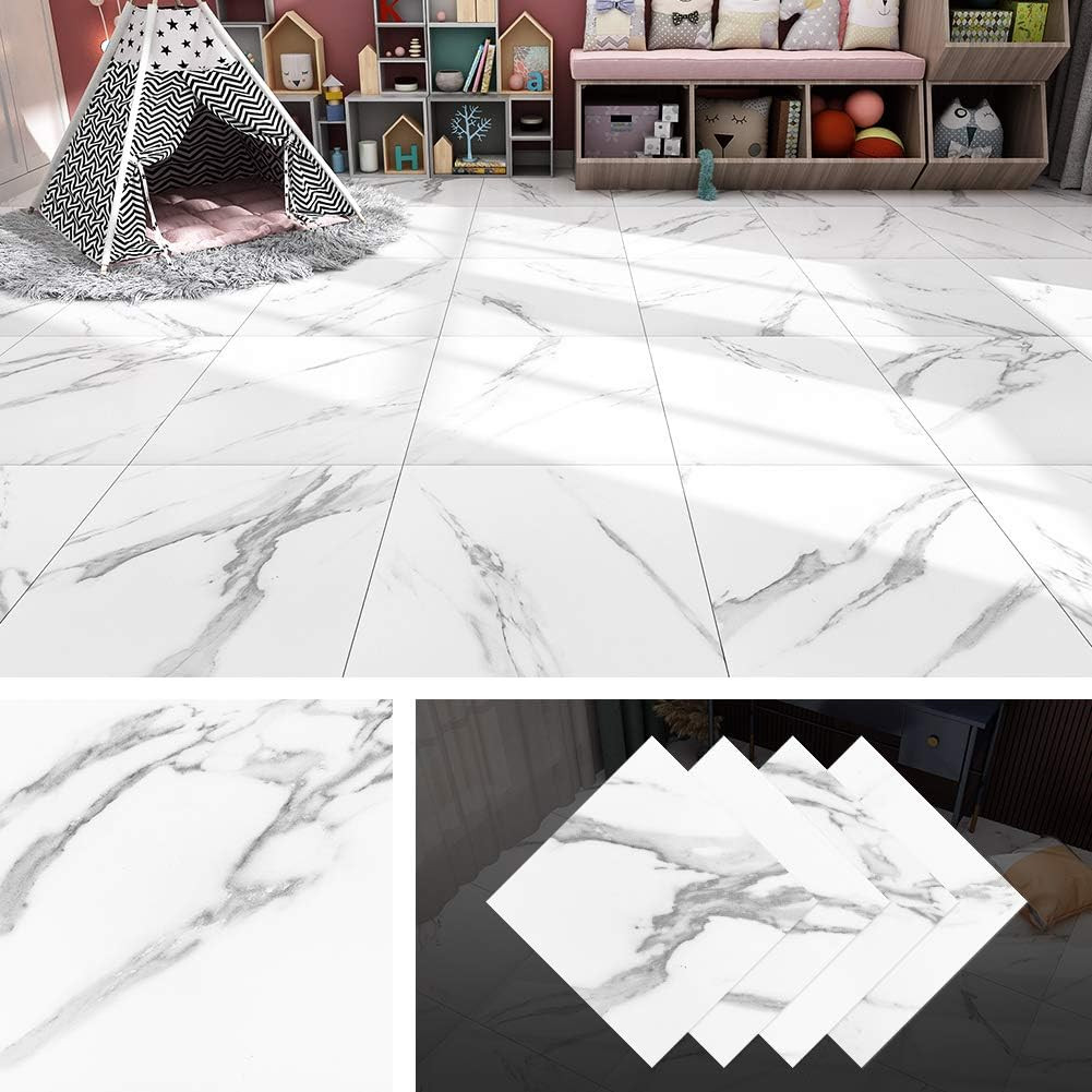 Peel and Stick Floor Tile 12 X 12 in White Marble Vinyl Flooring 4 Pack