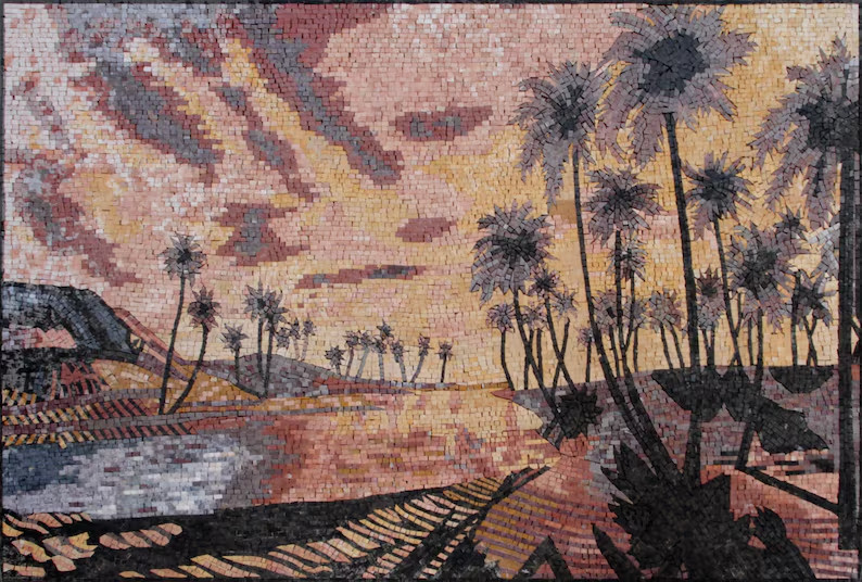 DESERT MOSAIC TILES | Palm Trees In Desert Artwork Tiles For Living Room Decor