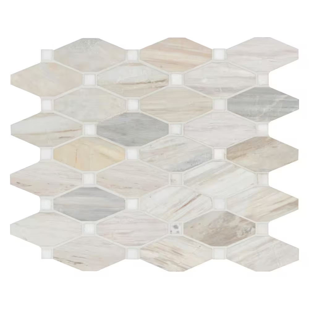 Angora Elongated Octagon 12 In. X 13 In. X 0.38 In. Polished Marble Mesh-Mounted