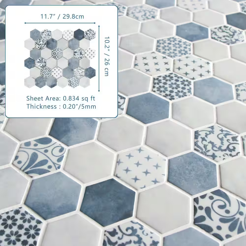 Concrete Blue Hexagon 11.7X10.2In. Mosaic Backsplash. Recycled Glass Cement Look