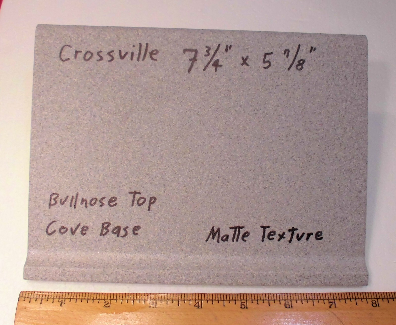 1 pc. Speckled Grays: Cove-Base Ceramic Tile, matte 7-3/4″ X 5-7/8″ Bullnose Top