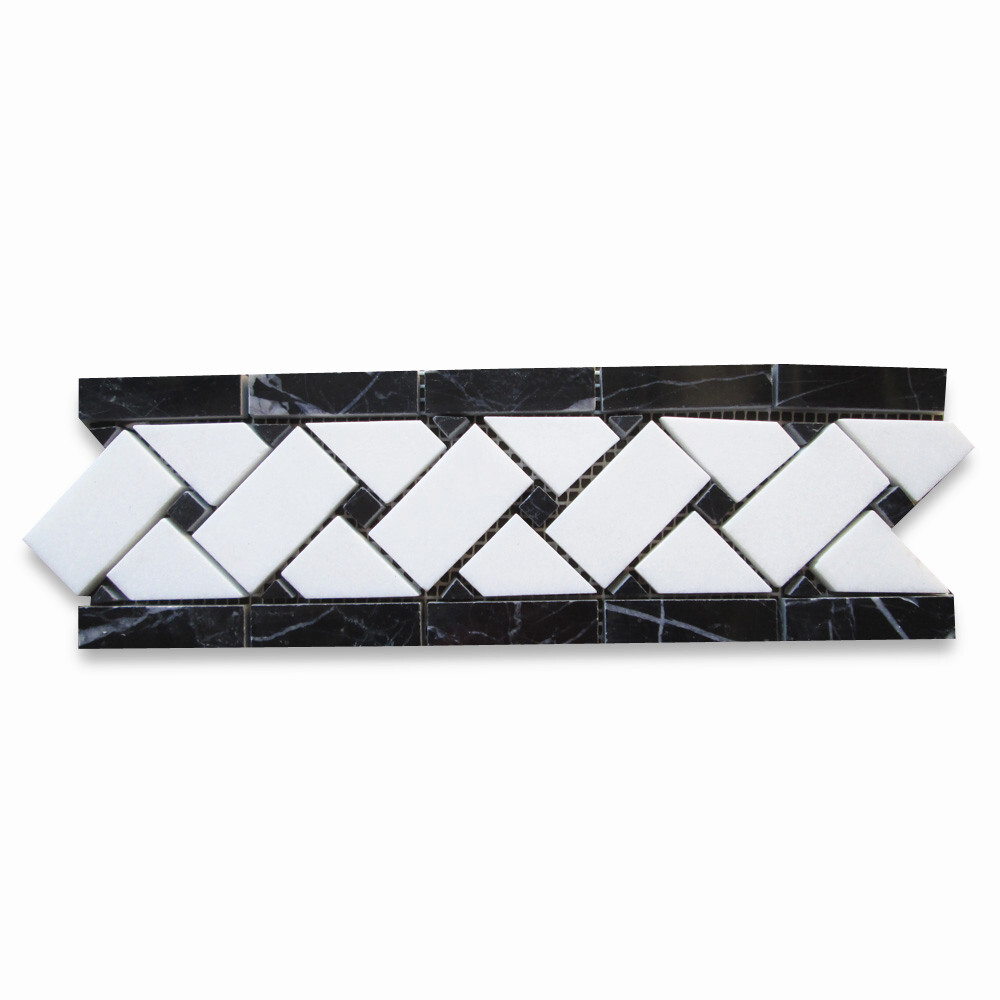 T651BP Thassos White Marble 4×12 Basketweave Mosaic Border Black Dots Polish