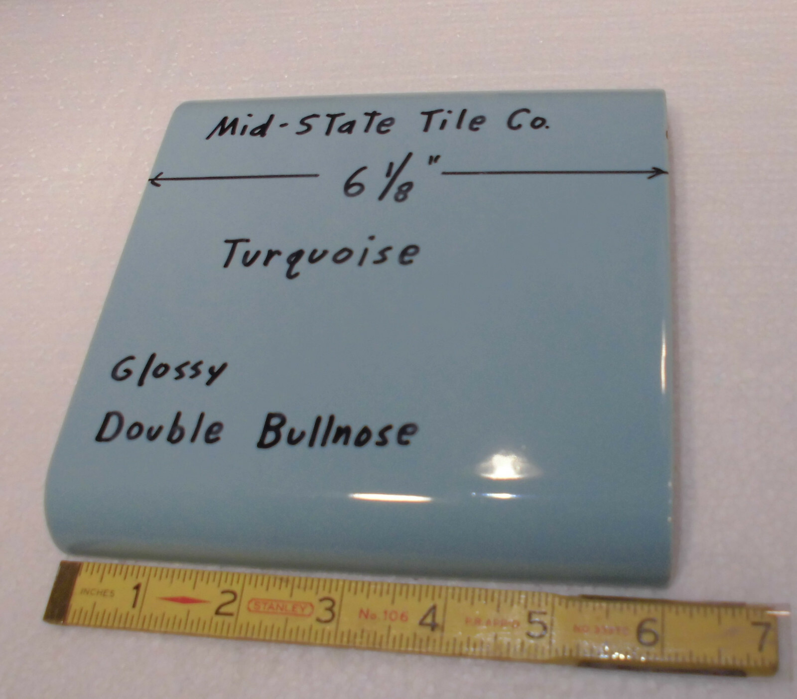 1 pc. Turquoise 6″ x 6″ Double Radius Bullnose Glossy Ceramic Tile: made 1950’s