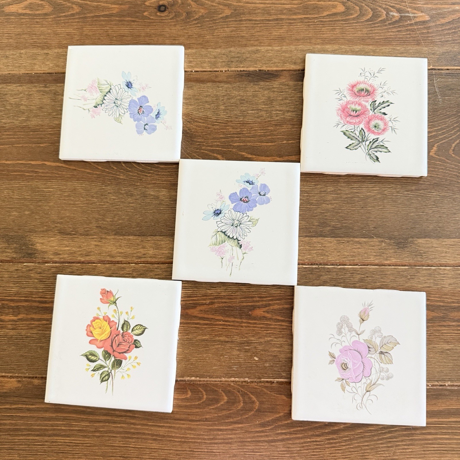 Vintage Ceramic Tiles Florals 4.5 “X 4.5” Made In Canada Set Of 5