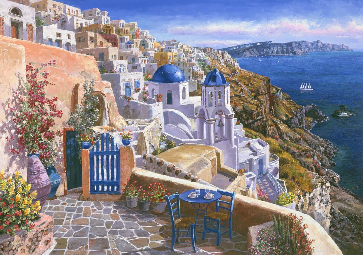 Ceramic Backsplash Tile Mural Water View Landscape – View Of Santorini