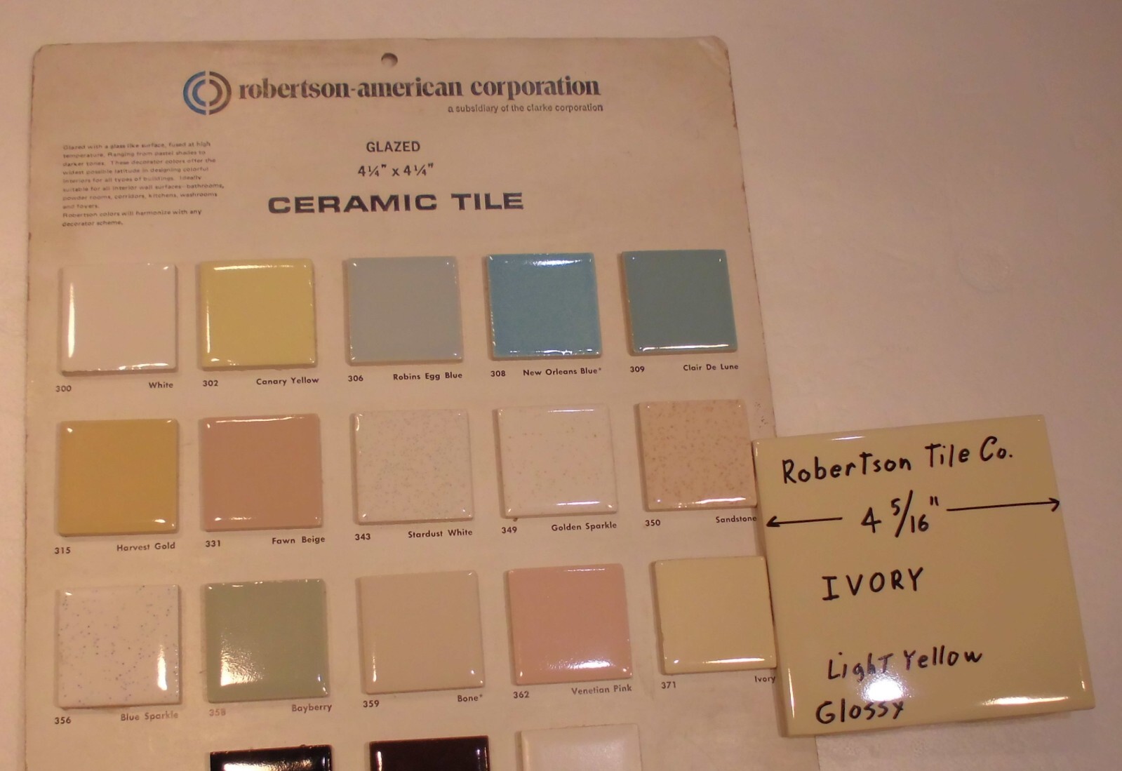 1 pc. Ivory – Light Yellow: 4-5/16″ Glossy Ceramic Tile by Robertson Co. NEW