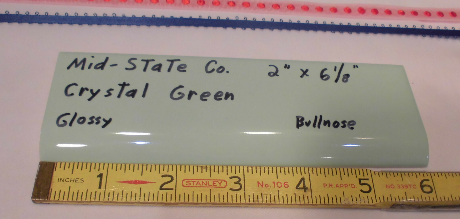1 pc. Crystal Green: 2” X 6” Glossy Ceramic Bullnose Tile by MID-STATE, NOS