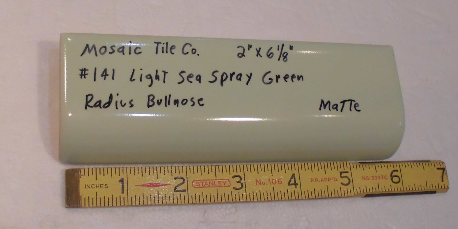 1 pc. Light Green: 2″ X 6″ Semi- Matte Ceramic Bullnose Radius Tile, Mosaic Co.