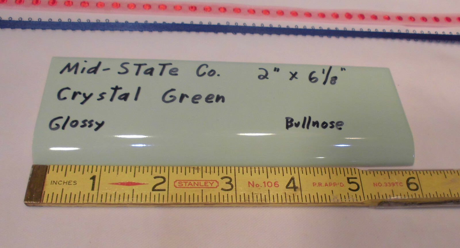 1 pc. Crystal Green: 2” X 6” Glossy Ceramic Bullnose Tile by MID-STATE, NOS