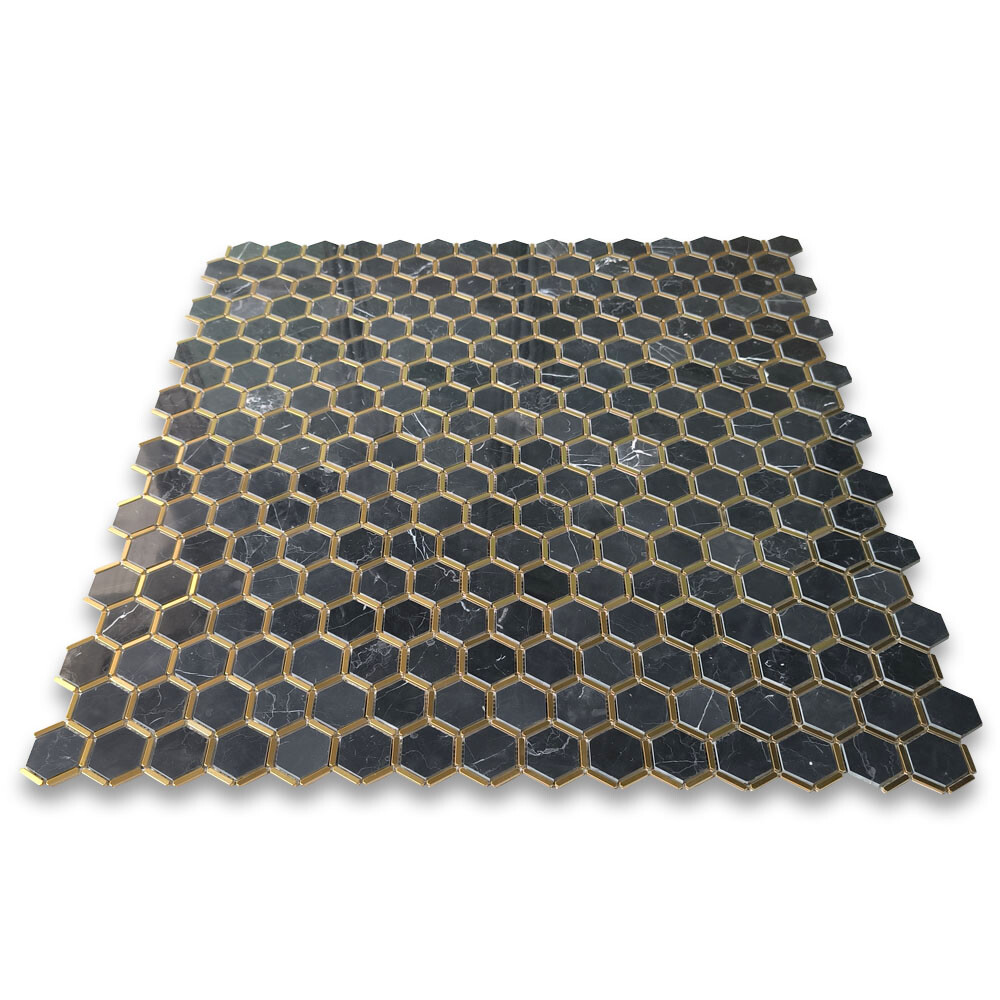 N328XP Nero Marquina Black Marble Hexagon Mosaic Tile Brass Strips Polished