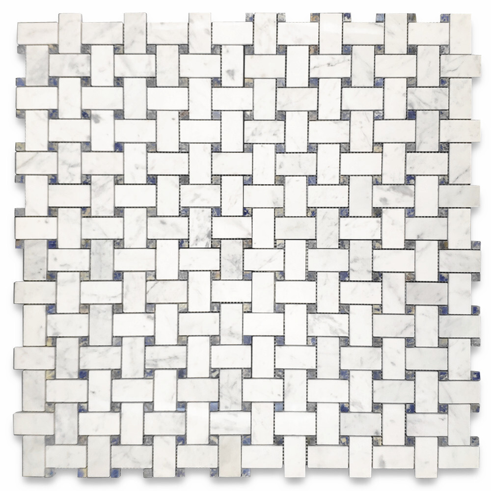 C656XP Carrara White Marble Basketweave Mosaic Tile Azul Blue Dots Polished