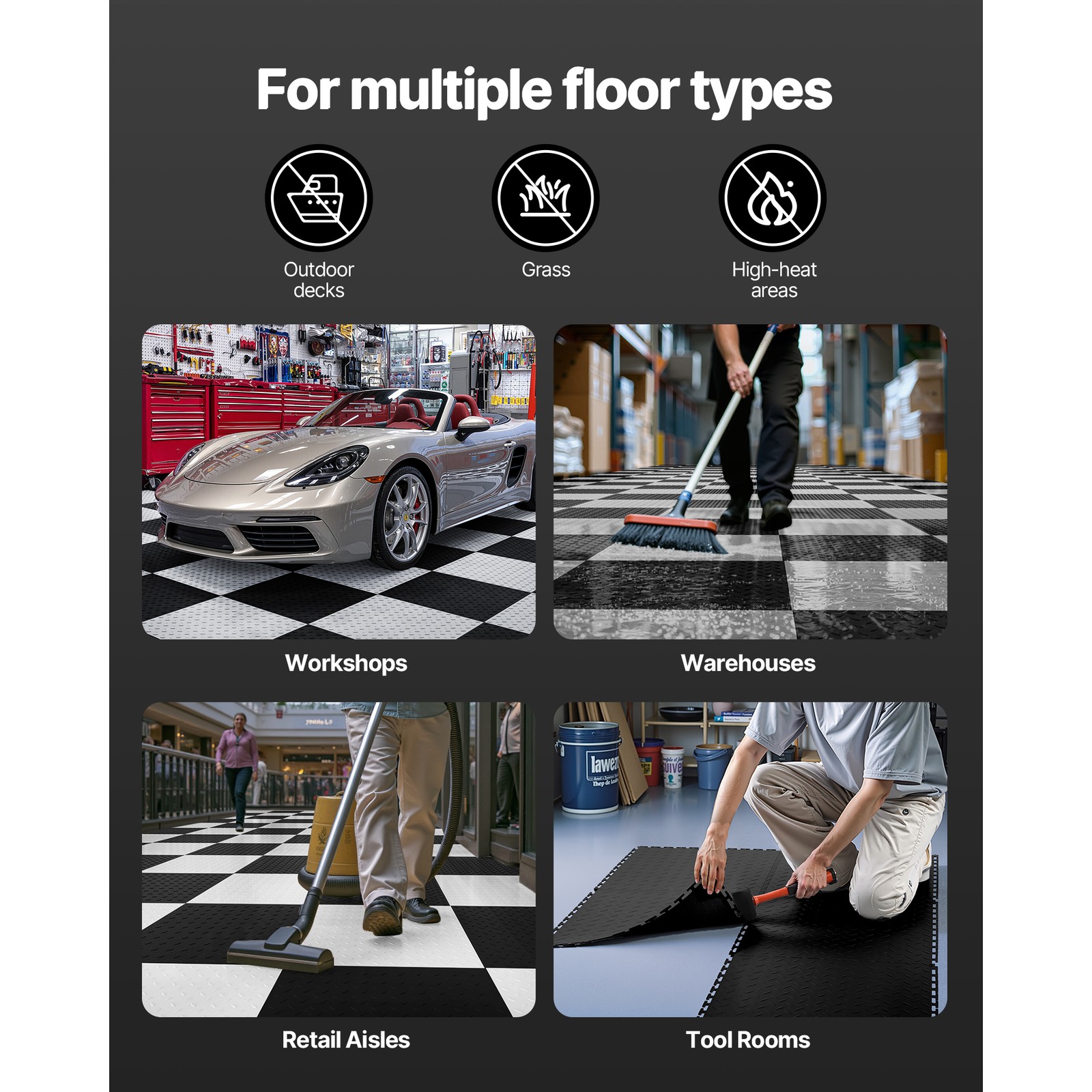 Uimoso Interlocking Garage Floor Tiles, 16 Pack, 20.2×20.2×0.2 in, Black PVC