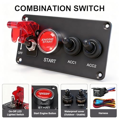 12V Ignition Switch Panel, 4 in 1 with Engine Push Button Toggle Switches,
