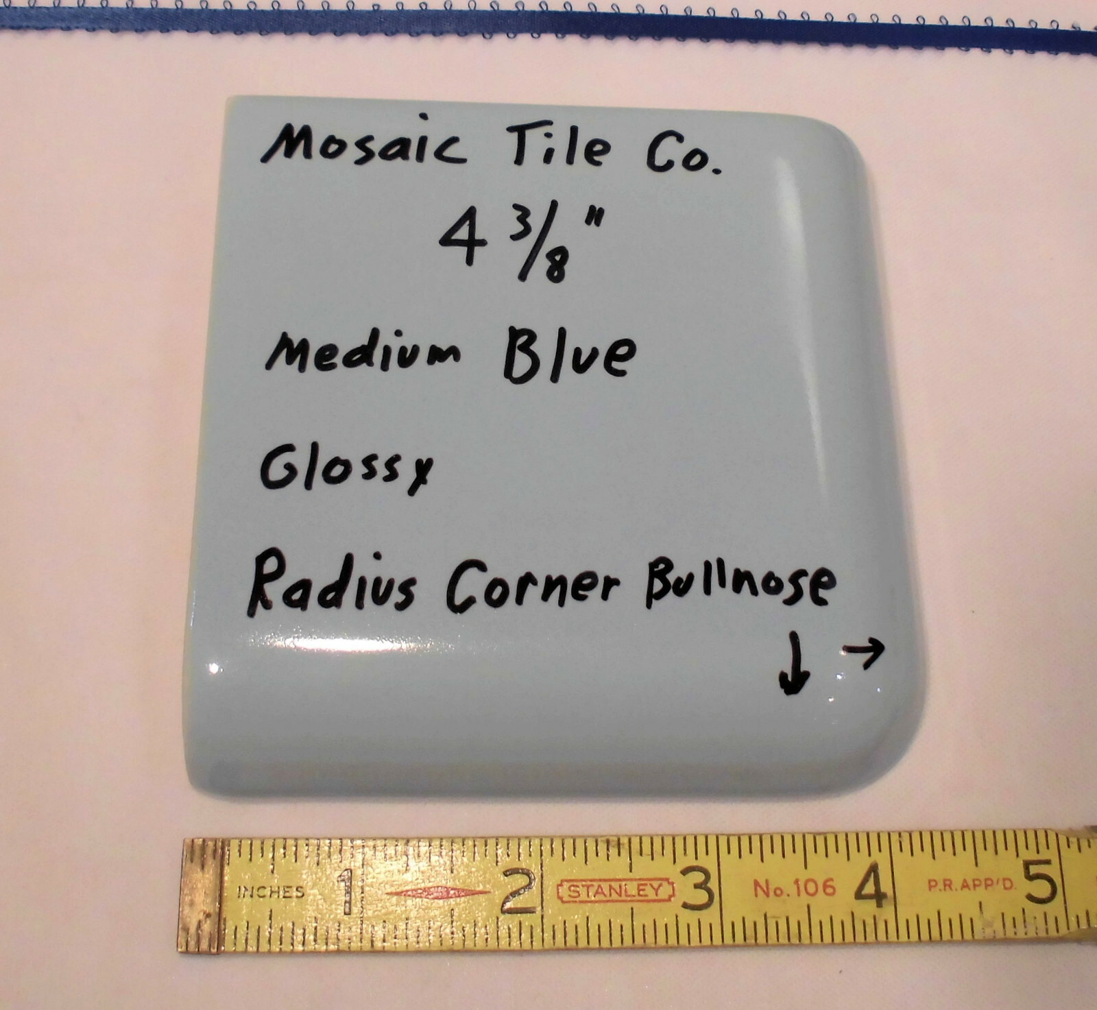 1 pc. Medium Blue – Gray; Radius Corner Bullnose Ceramic 4-3/8″ Glossy; Mosaic