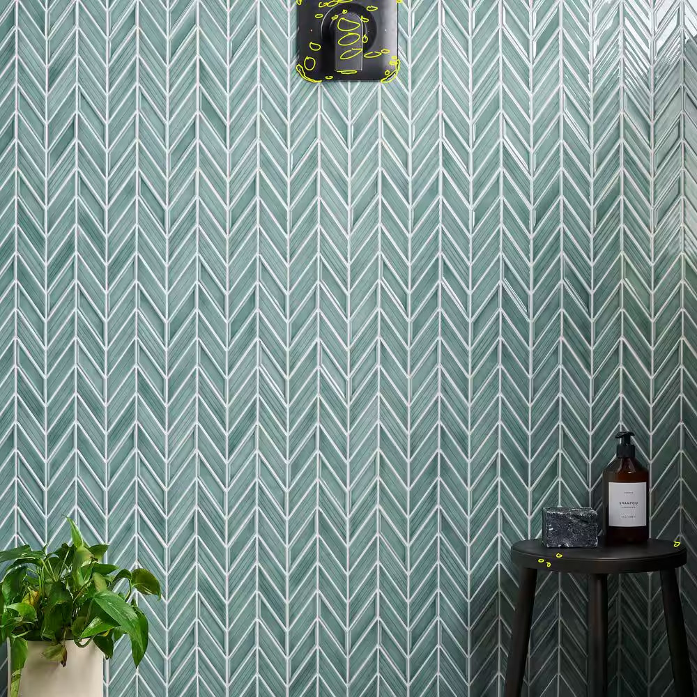 Medley Chevron Marine Blue 11.22 In. X 11.81 In. Glossy Ceramic Mosaic Wall Tile