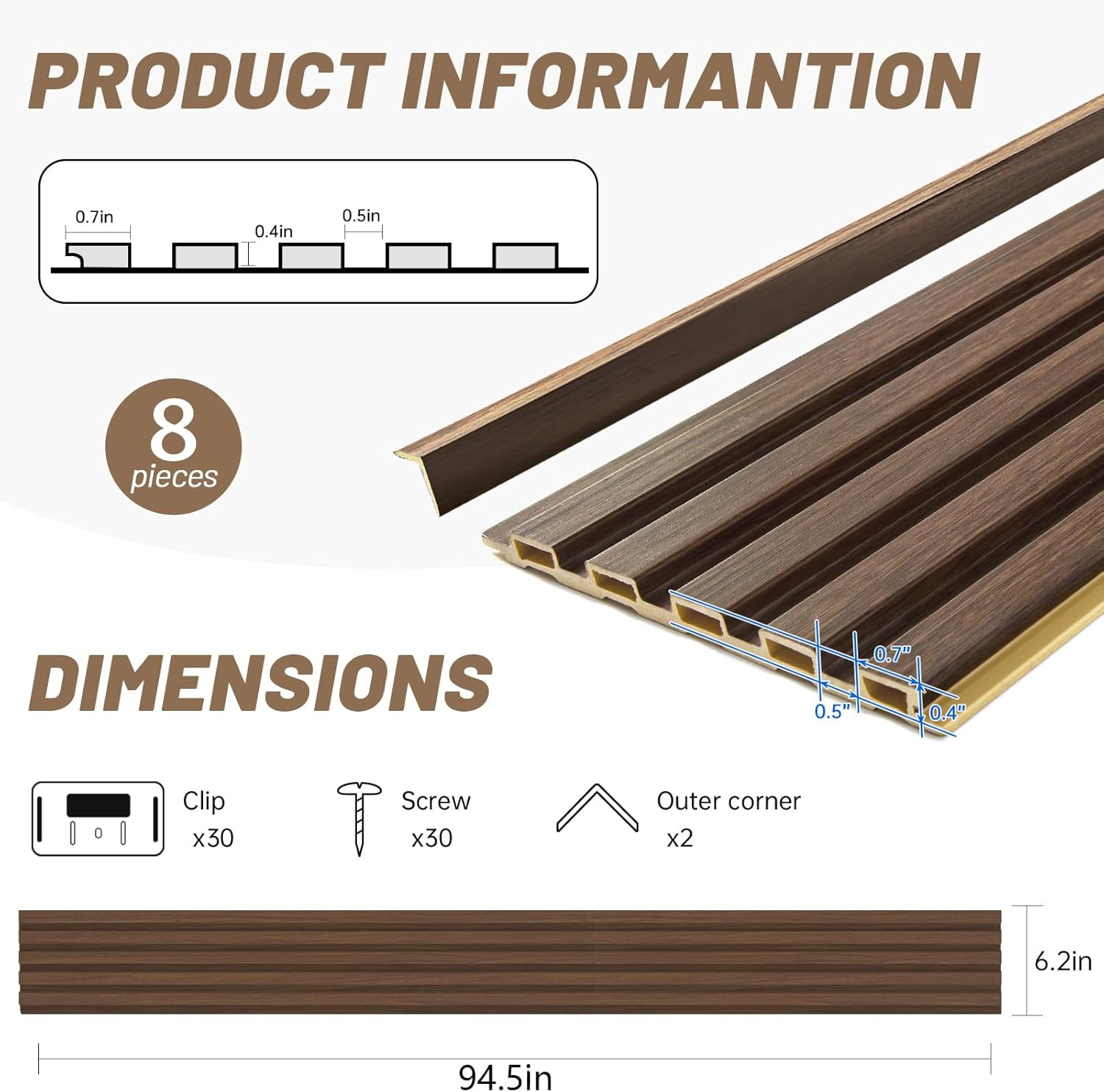 8-Pack 3D Walnut WPC Slat Wall Panels for Stylish Interior Decor