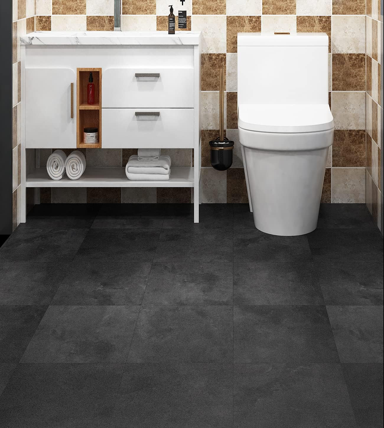 Peel and Stick Floor Tiles, Waterproof Grey Vinyl Flooring, 12×12″, 4 Sheets